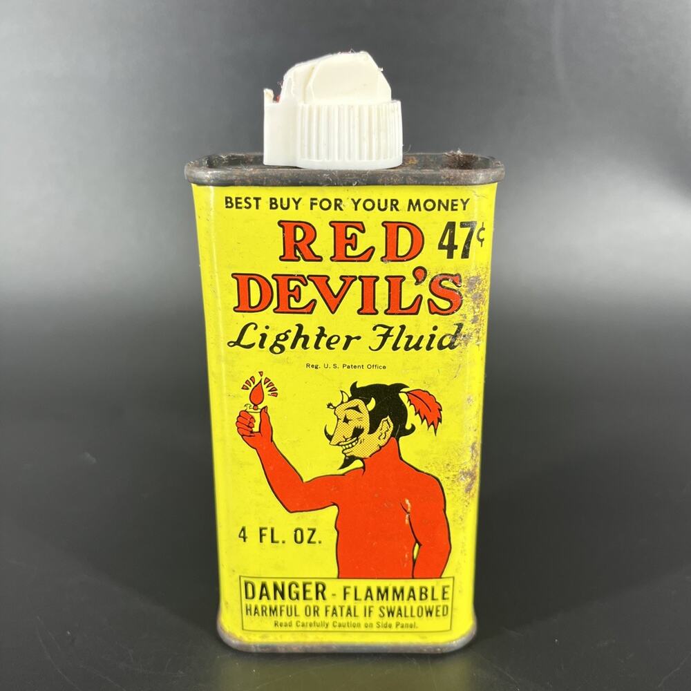 Vintage RED DEVIL'S LIGHTER FLUID 4 oz. 47 cents Advertising Tin Container